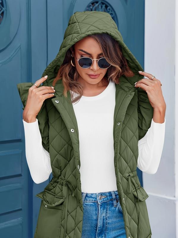 ダウンベスト レディース キルティング 連帽 フード付き ロング丈 プルオーバー Aライン 春 ホワイト アーミーグリーン ローズレッド