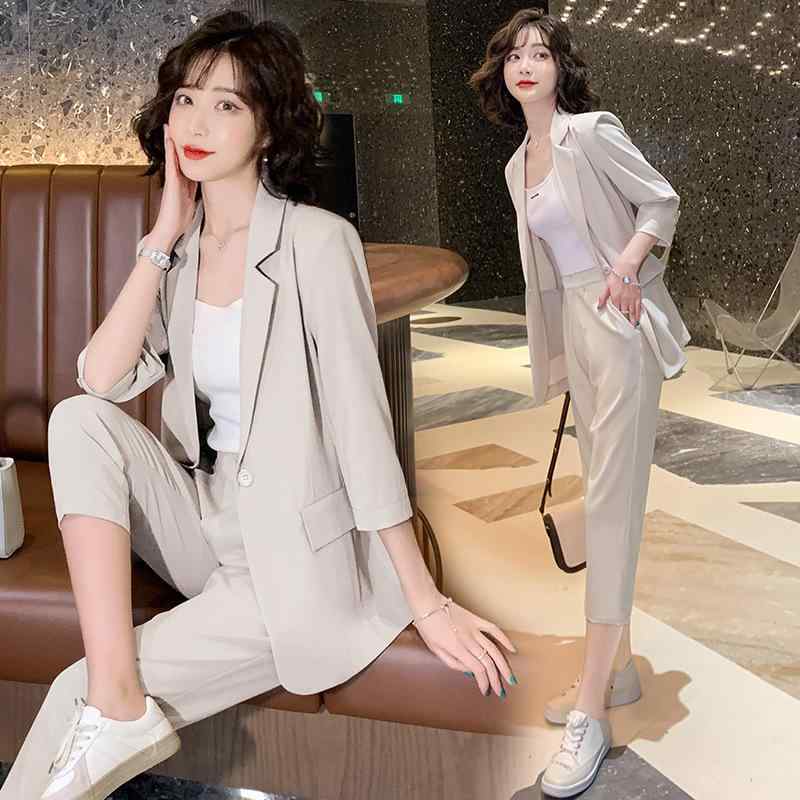 Other - スーツ レディース 2点セット 春夏 テーラードジャケット パンツ セットアップ オフィスカジュアル きれいめ 無地 長袖 9分丈 快適 婦人服 韓国風 藏青色 杏色 ピンク系 グリーン