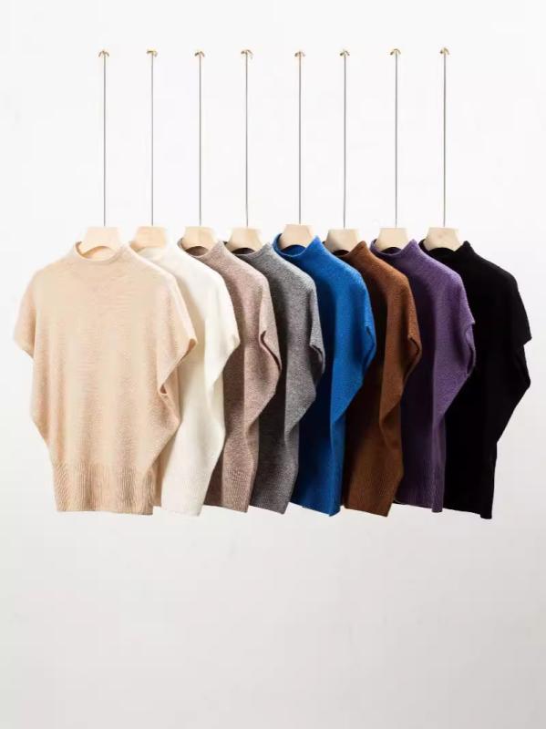 Turtleneck - ニット レディース 羊毛 半ハイネック ノースリーブ 薄手 プルオーバー ゆったり 灰色 キャラメルブラウン ブルー モカ ベージュ パープル ブラック オフホワイト 通勤