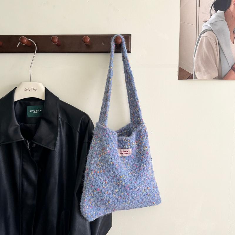 ニット ショルダーバッグ レディース 秋冬 韓国 ファッション 大容量 ウール混紡 マルチカラー ゴマ バ..