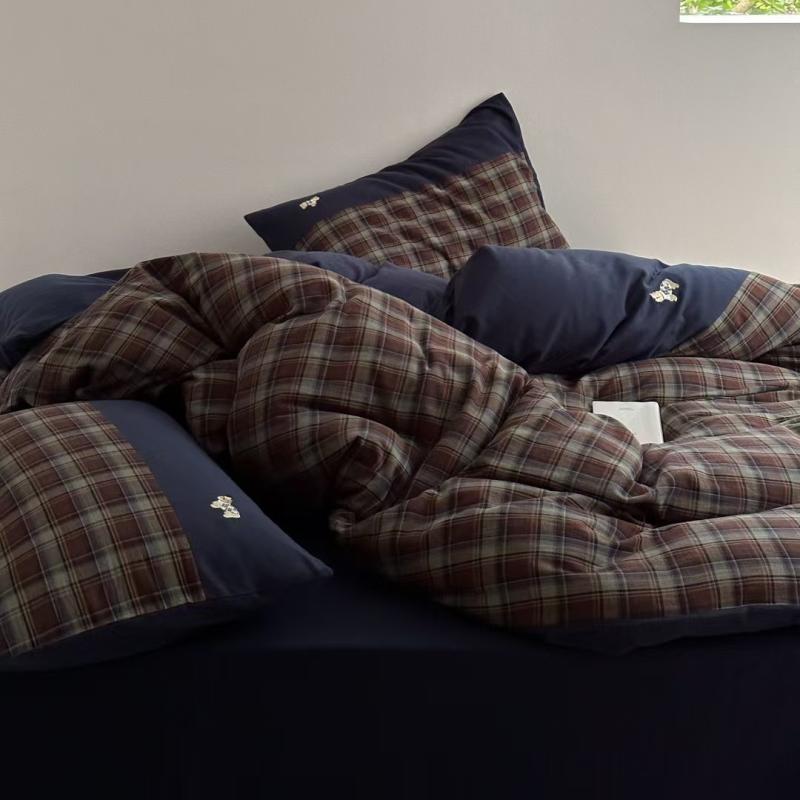 寝具 四点セット ベッドシーツ式 綿100% チェック柄 犬 刺繍 レトロ風 ブルー コットン 1.5m 1.8m 2.0m..