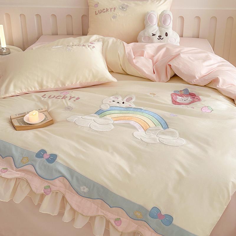 寝具 子供 女の子 布団カバー 4点セット 綿100％ かわいい ウサギ柄 ベッドシーツセット レインボーカ..