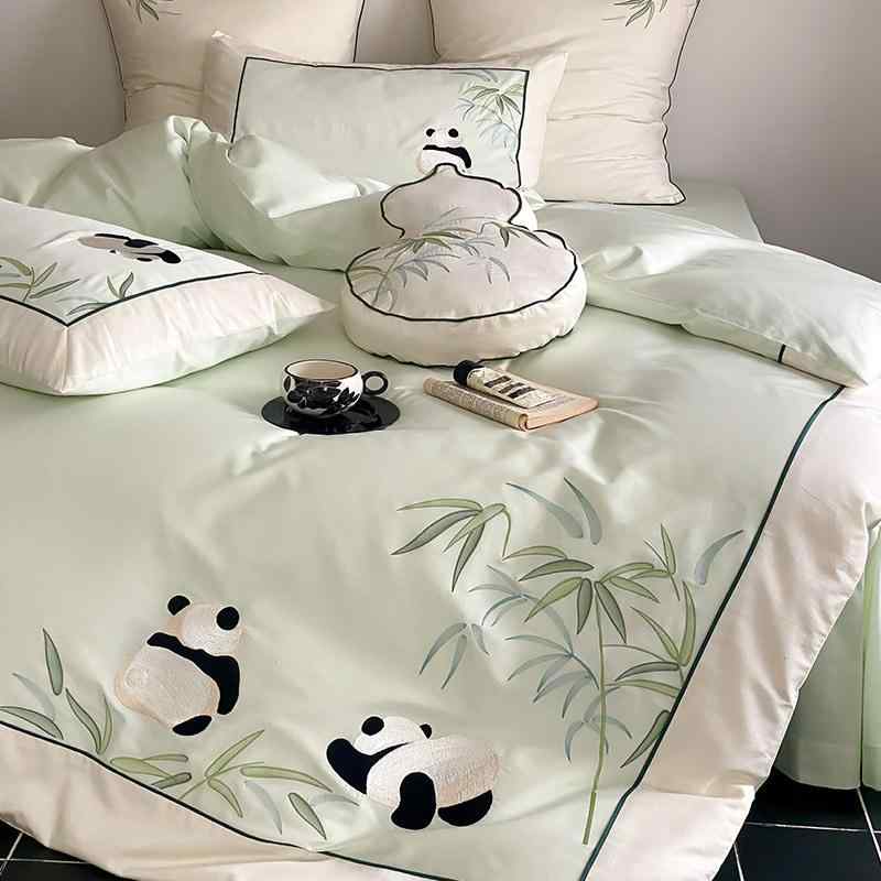 布団カバー ベッドシーツ 4点セット 高密度パンダ刺繍 コットン 寝具