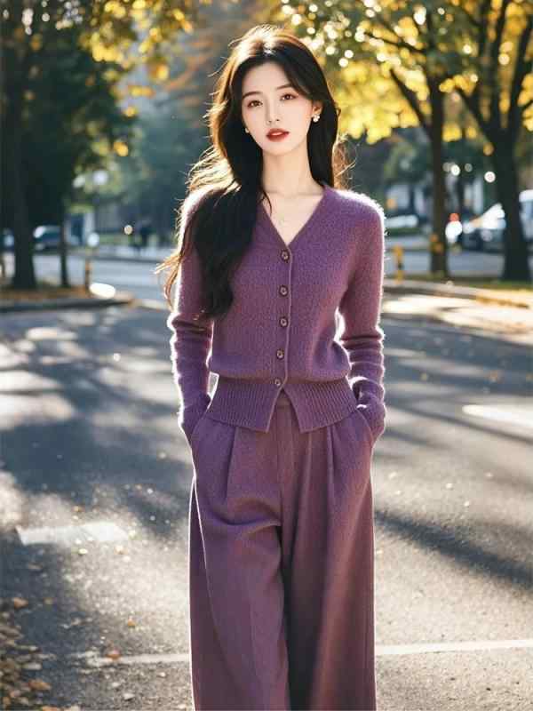 ニット レディース パンツ セットアップ 秋冬 紫 長袖 2点セット：ニットトップス 長ズボン ゆったり 普段使い