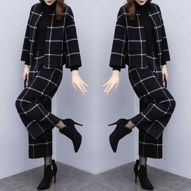 パンツ レディース 秋冬 ツーピース チェック柄 ウール ショート丈 ジャケット ワイドレッグパンツ カジュアル ファッション セットアップ 女性 ブラック 9分丈 欧米風 韓国風 エレガント