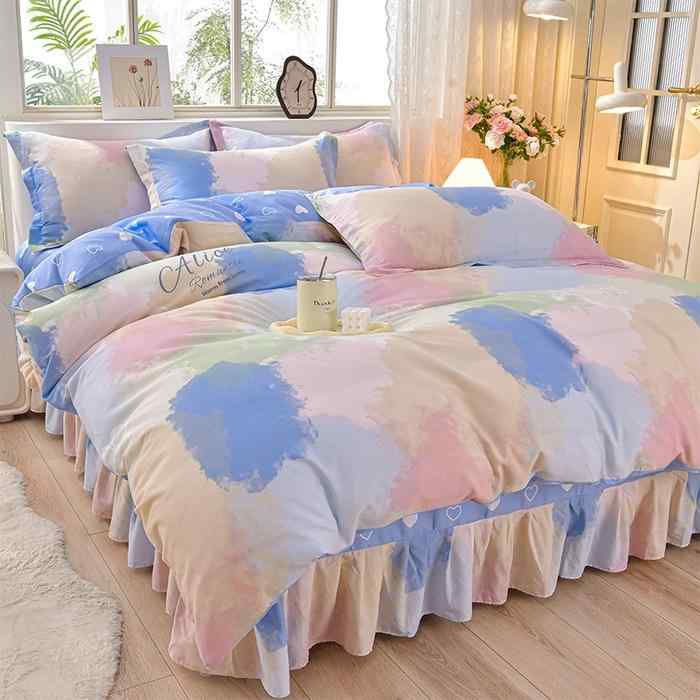 寝具 レディース 100% コットン ベッドスカート 布団カバー 4点セット ストライプ 花柄 ベッドシーツ ..