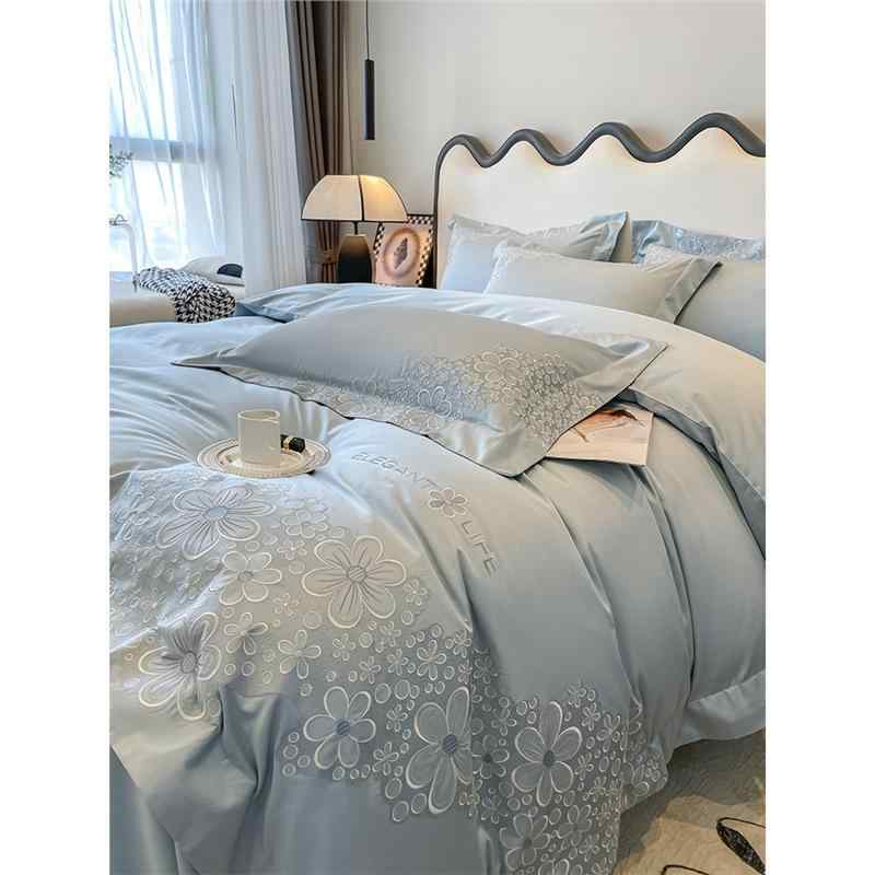 寝具 ベッドシーツセット 4点セット 綿100% 布団カバー 長繊維綿 植物柄 花柄 刺繍 北欧風 ベッドシー..