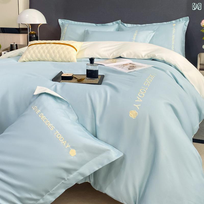 布団カバーセット 純色 刺繍 綿100% 厚手 あったか ピーチスキン ベッドシーツ式 寝具セット スカイブ..