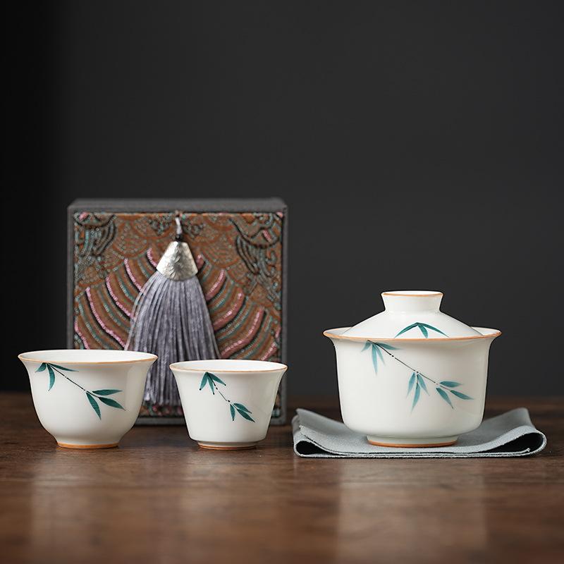 茶碗 レディース メンズ 携帯用茶器セット 陶器 竹柄 柳 枇杷 蓋碗 旅行 露営 アウトドア