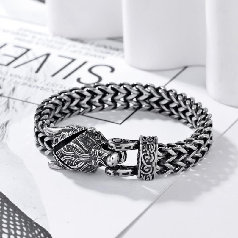 ブレスレット メンズ 男性用 ステンレス 北欧 バイキング 狼 オオカミ 粗め 太め パンク ロック ヴィンテージ スタイル 手飾り 腕飾り 個性 幾何学模様 鋼色