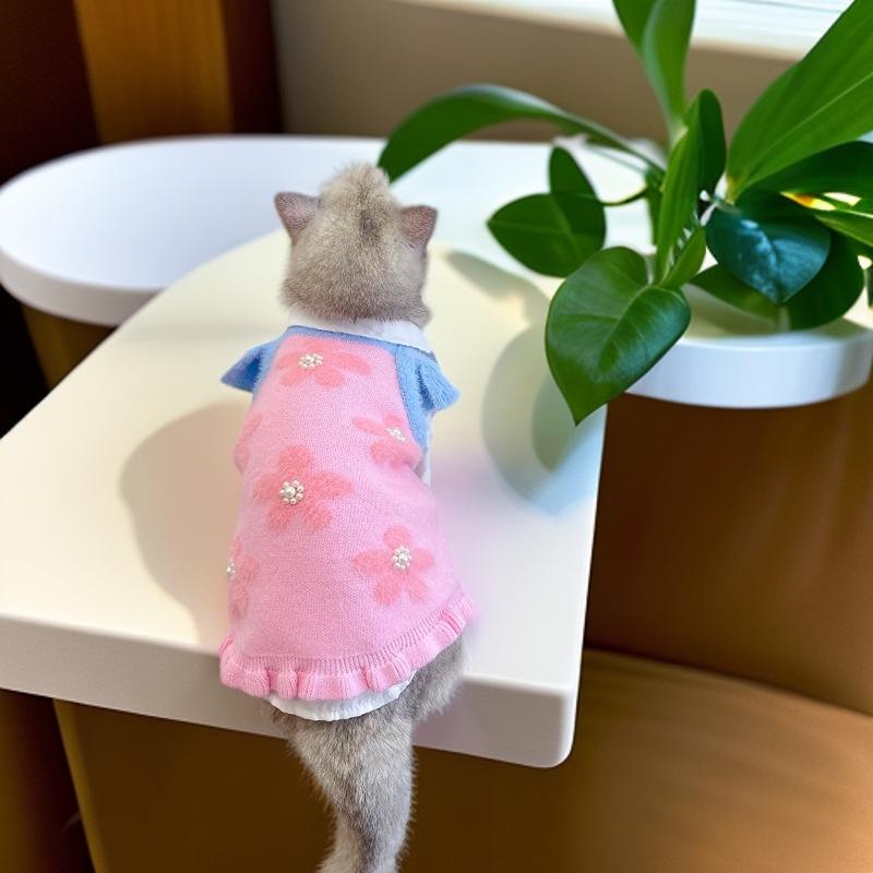 ペット服 秋冬 ニット ミンク カワイイ フリル スリーブ サスペンダー 小型犬 猫 ヨークシャーテリア ..