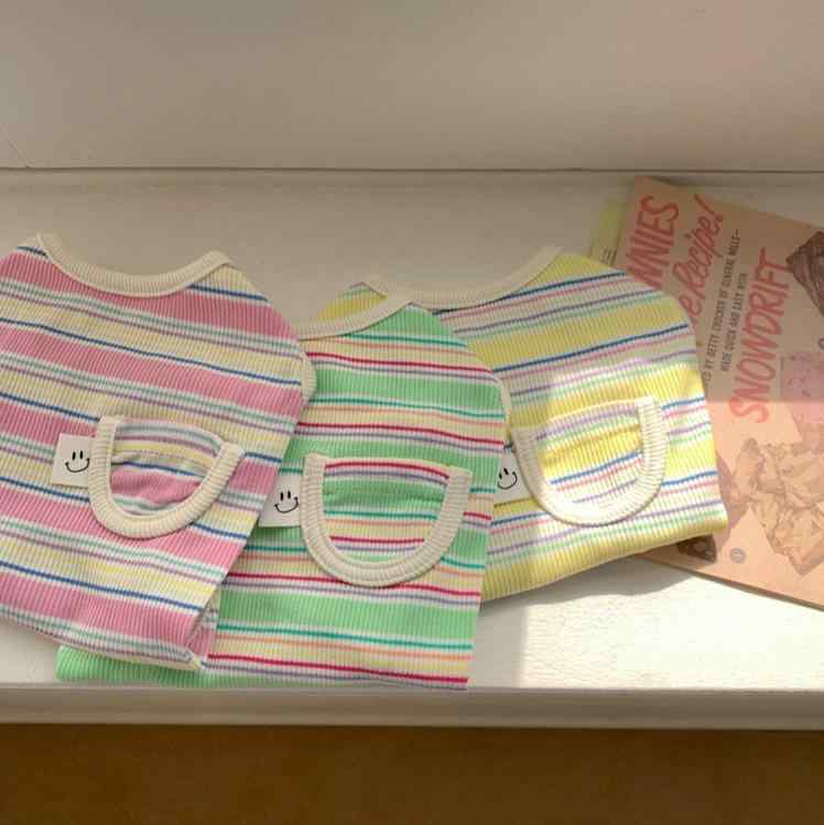 ペット服 小型犬 猫 スマイル ニコちゃん レインボー ボーダー ポケット付き 伸縮性 春夏 薄手 カジュ..