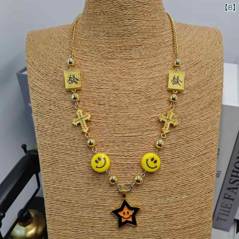 ネックレス メンズ ラッキーアイテム 星形 スマイル ペンダント 合金製 ストリート カジュアル アクセサリー ヒップホップ ファッション 長め 51cm-80cm ゴールド グリーン