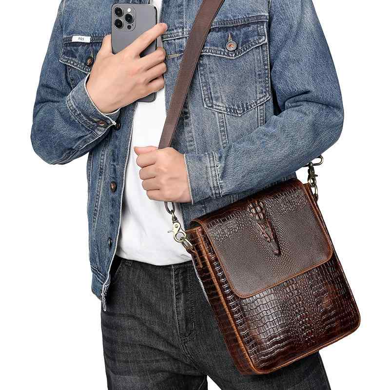 ショルダーバッグ 男性用 牛革 クロコダイル柄 型押し 斜めがけ 鞄 コーヒー色 黒色 茶色 ブラウン 超..