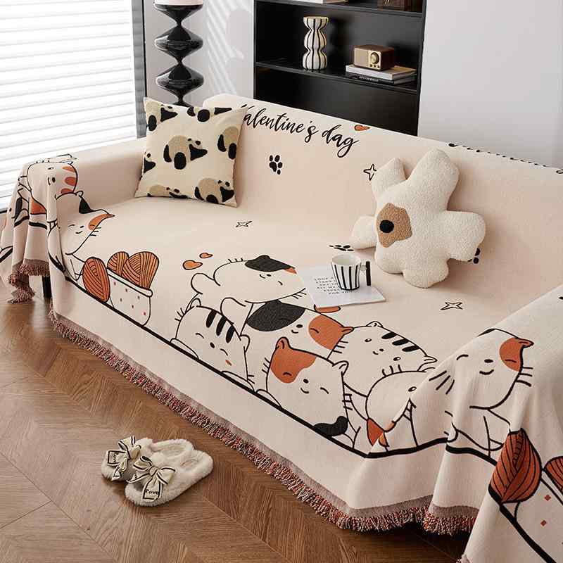 ソファカバー 猫柄 シェニール 肘付き かわいい マルチカバー ソファタオル 傷防止 爪とぎ防止 中式風 オレンジ系 カーキ色 グリーン