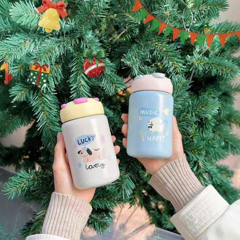 水筒 レディース キッズ かわいい カートゥーン ステンレス ミニ 保温 保冷 ストロー付き 携帯 持ち運び 軽量 260ml 360ml ホワイト ブルー イエロー ブラック