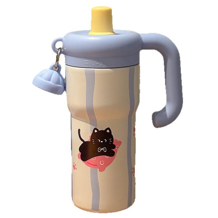 保温杯 レディース 向け カートン 小さめ 黒猫 デザイン 304ステンレス 鋼 600ml 保冷 大容量 タイプ ストロー 付き 水筒 真空 断熱 学生 通勤 通学 芝士イエロー 海塩ブルー クリームピンク 霧グリーン