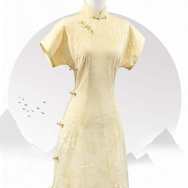 チャイナドレス レディース 黄色 ワンピース レトロ 立襟 半袖 ポリエステル ジャガード織 春夏 エレガント