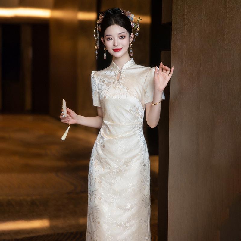 チャイナドレス レディース シャンパンゴールド ポリエステル 結婚式 披露宴 パーティー 宴会 フォーマルドレス 春夏(4)