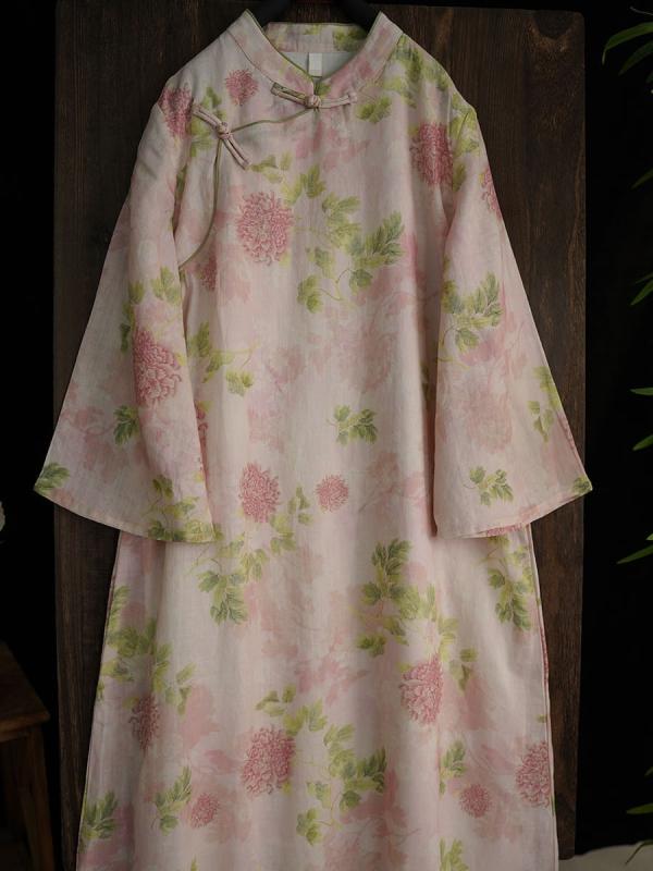 ワンピース レディース 春夏 ?麻 花柄プリント Aライン ミモレ丈 チャイナドレス風 スタンドカラー 9分袖 レトロ ピンク系