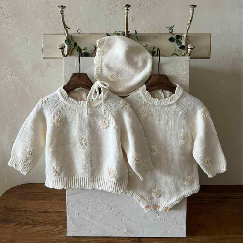 ベビー服 ニット 秋冬 コットン 嬰児 女児 デイジー柄 かぎ針編み セーター トップス カバーオール 帽..