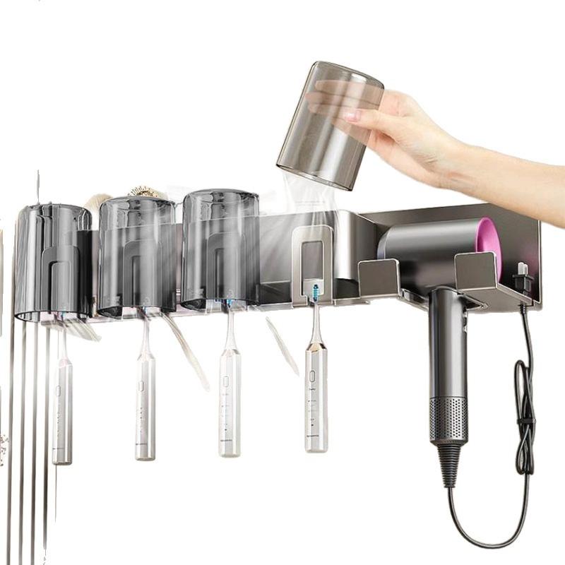 歯ブラシホルダー 壁掛け収納棚 コップ ドライヤー置き場 洗面所収納 穴あけ不要 ABS 炭素鋼 グレー 2..