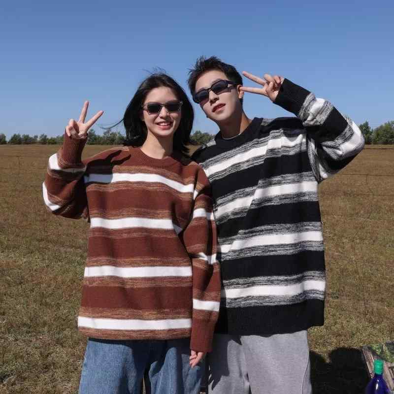 ニット メンズ 秋冬 配色 ボーダー クルーネック プルオーバー セーター トップス ゆったり 長袖 韓国..