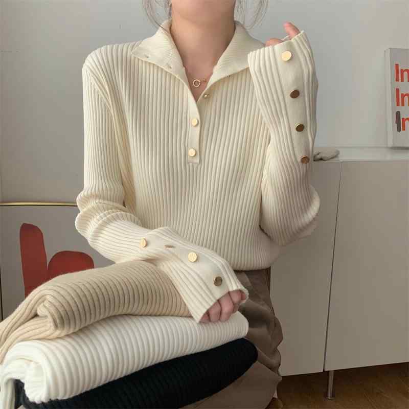 ニット レディース 秋冬 修身 リブ編み ハイネック ボタン デザイン 清楚 きれいめ 細見え 毛糸 セータ..