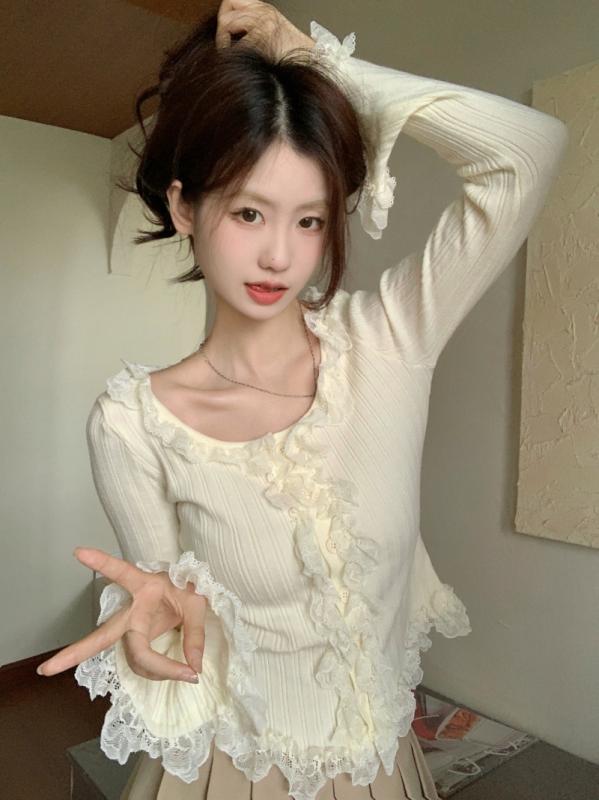 カーディガン レディース ニット トップス 杏色 黒 ポロ襟 ノースリーブ レース 切り替え スリムフィッ..