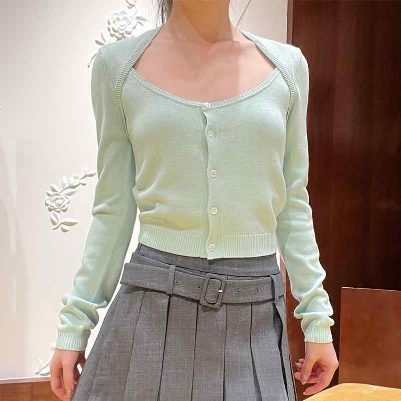 カーディガン レディース 春夏 ニット ショート丈 レイヤード風 薄手 長袖 トップス 丸首 刺繡 レッド ..