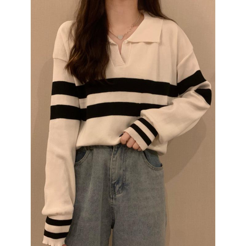 ニット レディース POLOネック 配色 ボーダー柄 あったか トップス 長袖 プルオーバー カットソー スリ..