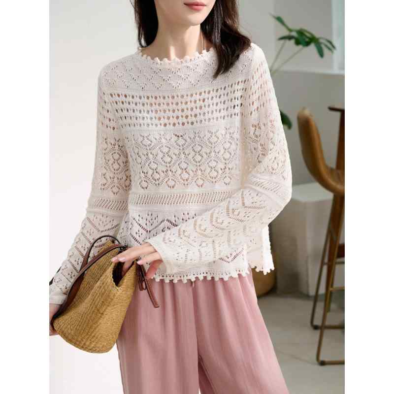 カーディガン レディース 薄手 亜麻 リネン ニット 透かし編み サマーニット 春夏 長袖 ショート丈 ト..