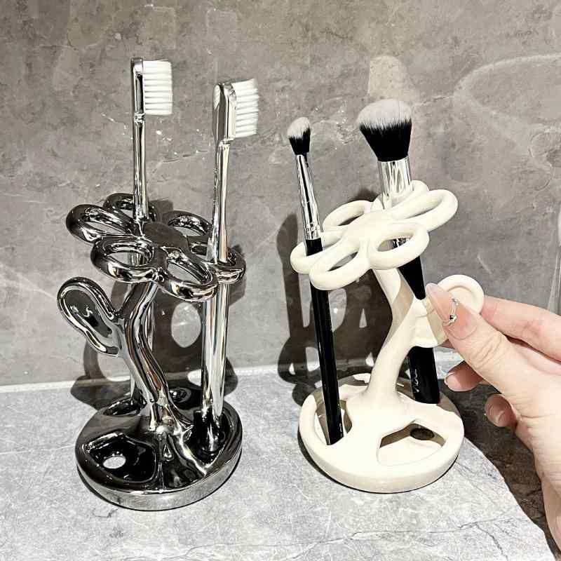 歯ブラシスタンド レディース 陶器製 花柄 歯ブラシホルダー メイクブラシスタンド 雑貨