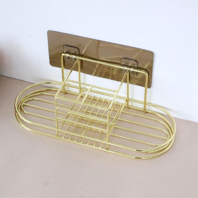 歯ブラシスタンド 壁掛け式 歯ブラシホルダー コップ付き ゴールド 免打孔 鉄製 洗面所 収納 ラック