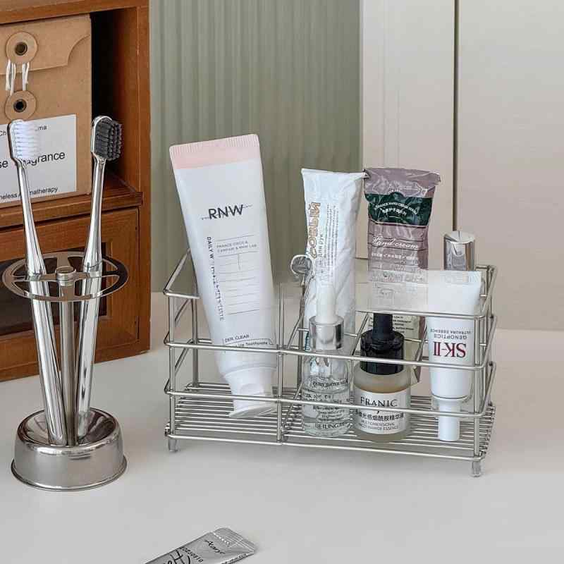 歯ブラシスタンド 浴室 洗面台 歯ブラシホルダー ステンレス製 水切り コスメ収納 バスケット 衛生用品収納 スクエア ラウンド