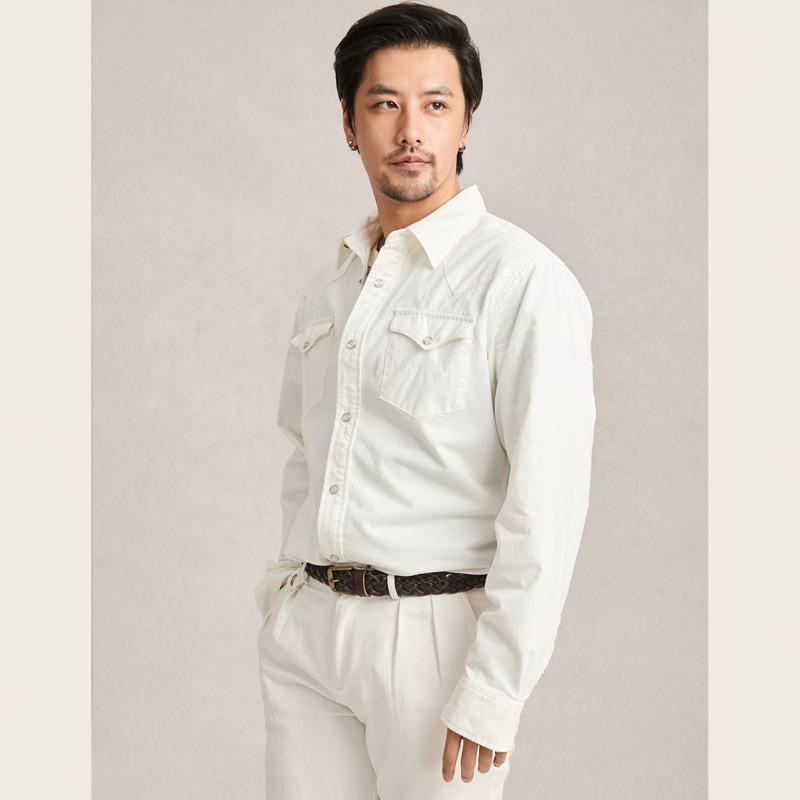 シャツ メンズ 男性用 長袖 水洗い デニムシャツ 純綿 コットン レトロ アメリカン オフホワイト 白 濃い青色 薄青色 修身