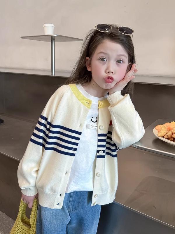 ニットカーディガン 女の子 キッズ 子供服 白 春物 アウター トップス 中学生 高校生向け 丸首 ストラ..