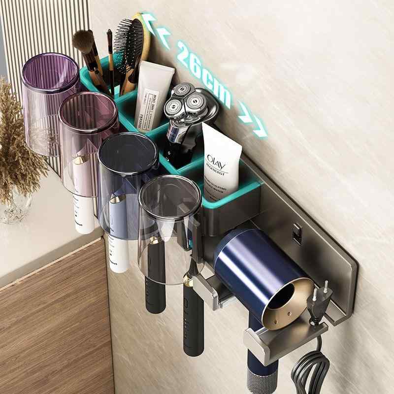 歯ブラシスタンド バスルーム 壁掛け式 取り外し可能 歯ブラシホルダー コップ付き ドライヤーホルダー 収納ラック