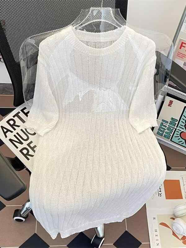 ニット メンズ 半袖 Tシャツ トップス 薄手 カットソー 丸首 プルオーバー ポリエステル ホワイト ブラック カジュアル 普段使い(4)