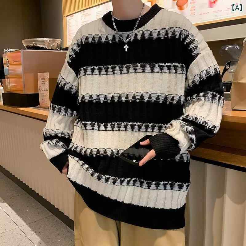 ニット メンズ ニットトップス 長袖 ボーダー柄 切り替え クルーネック プルオーバー ゆったりサイズ 普段使い 韓国風 ブラック ブラウン 秋冬