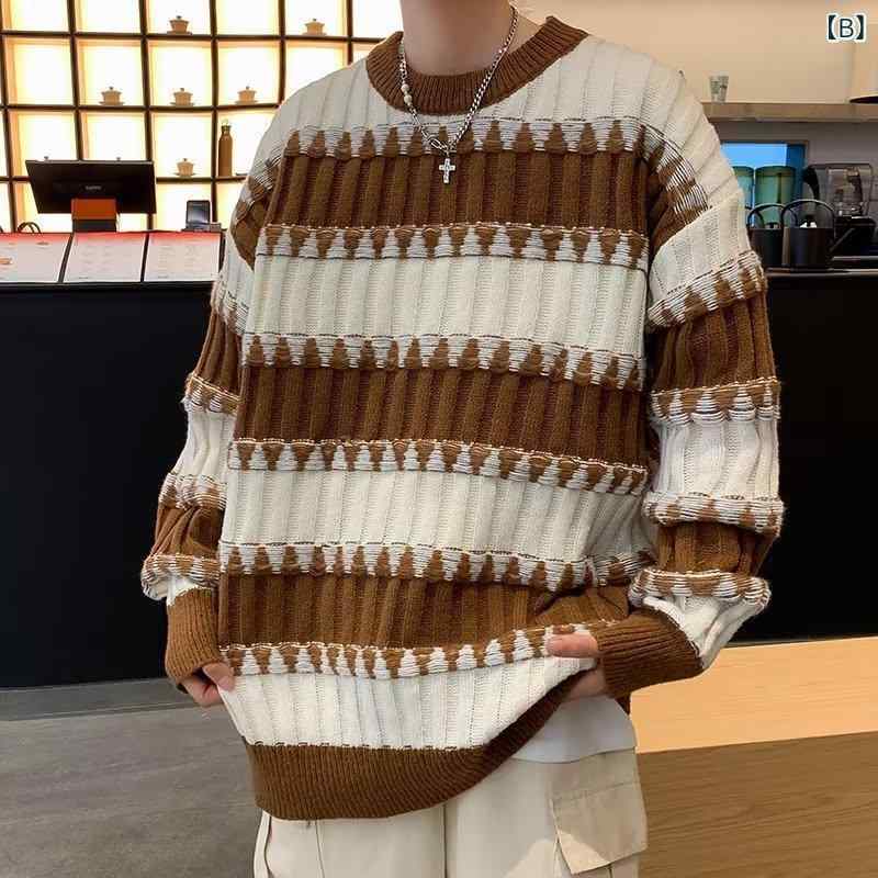 ニット メンズ ニットトップス 長袖 ボーダー柄 切り替え クルーネック プルオーバー ゆったりサイズ 普段使い 韓国風 ブラック ブラウン 秋冬