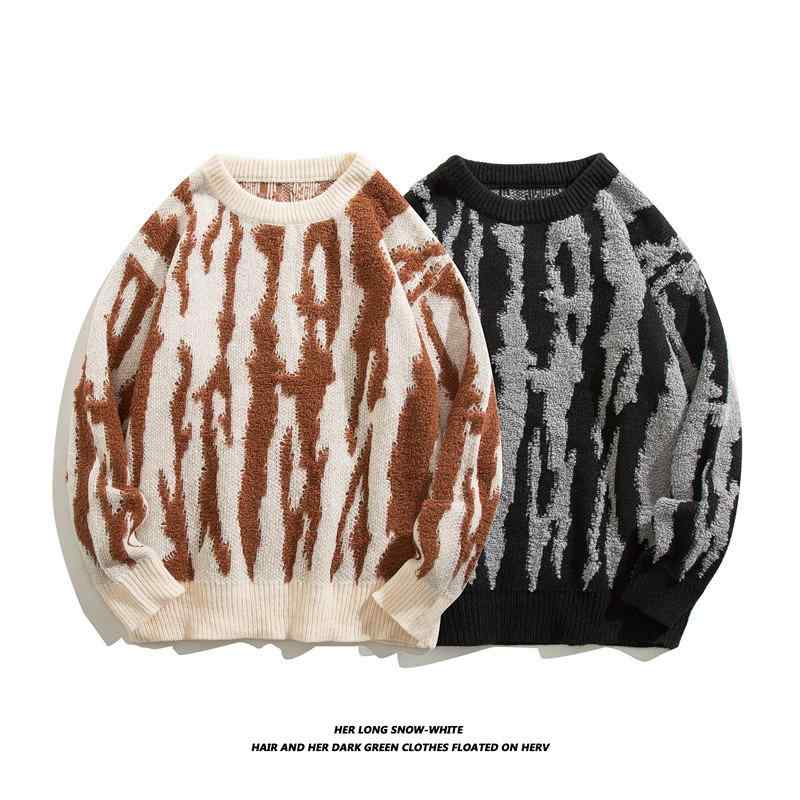 ニット メンズ 秋冬 レトロ アメリカン 不規則 ストライプ ゆったり ラウンドネック プルオーバー セー..