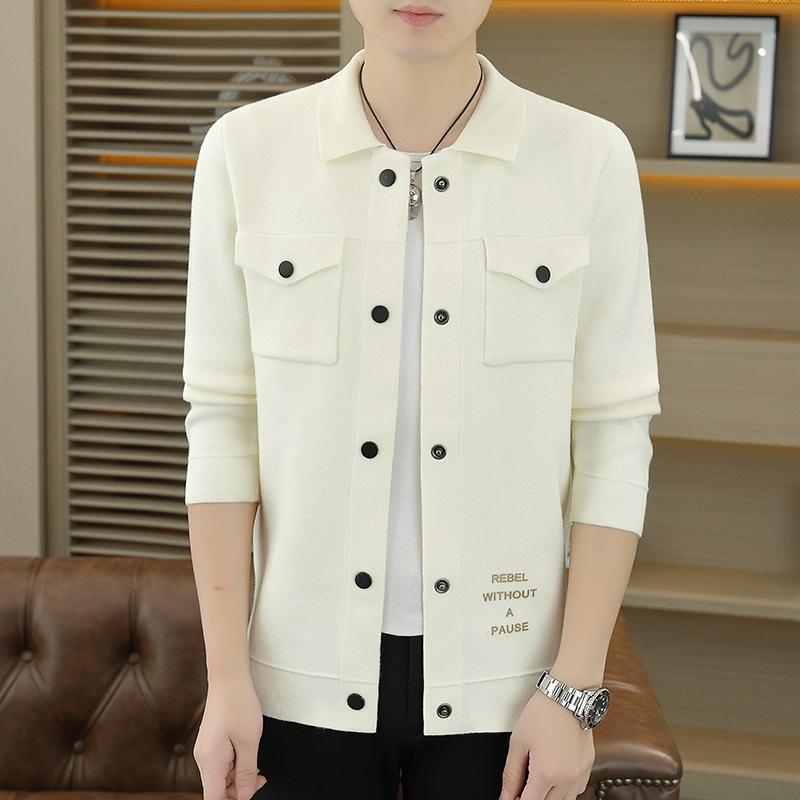 ニットカーディガン メンズ 青年 男性用 長袖 スリム 提花 鹿 トナカイ柄 韓国風 カジュアル トップス 秋冬 ホワイト 白/カフェオレ/ブラック 黒 M/L/XL/XXL/XXXL