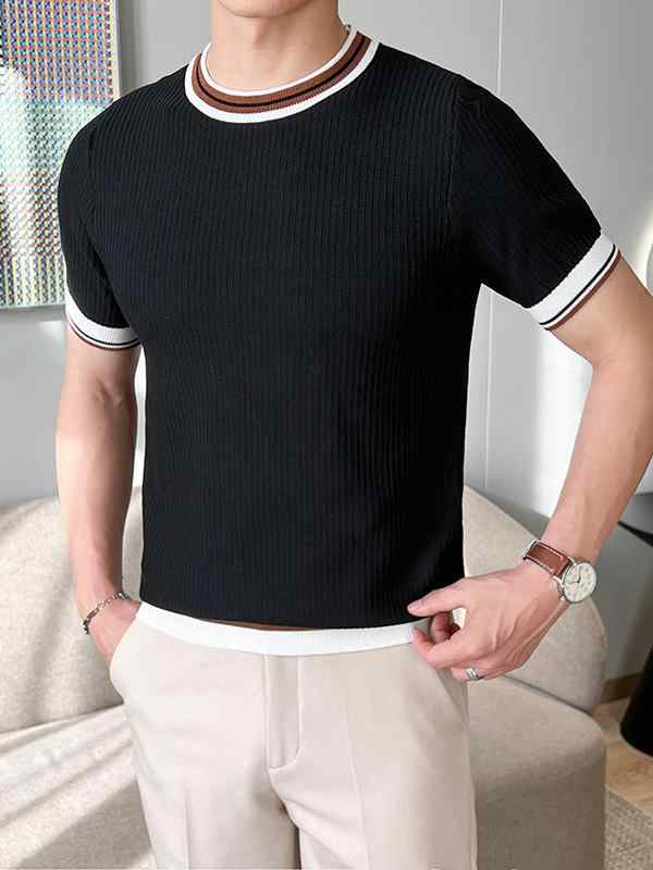 ニット メンズ 半袖 サマーニット 配色 ボーダー 接触冷感 通気性 スリムフィット 韓国風 トップス 普段使い
