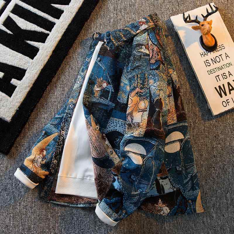 シャツ メンズ 男性用 長袖 レトロ調 アートプリント コットン カジュアル トップス 配色 秋冬