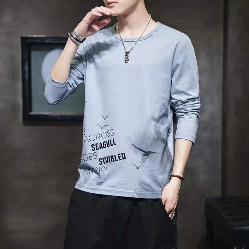 Tシャツ メンズ 長袖Tシャツ 韓国風 ポリエステル ゆるT ラウンドネック 春秋 プリント 白 グレー 黒 ブルー