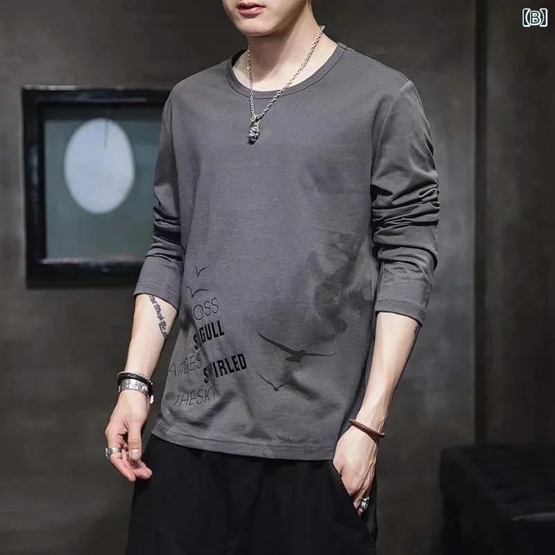 Tシャツ メンズ 長袖Tシャツ 韓国風 ポリエステル ゆるT ラウンドネック 春秋 プリント 白 グレー 黒 ブルー