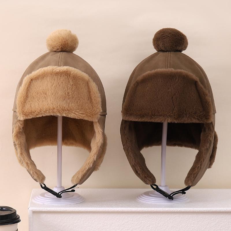 帽子 キッズ 子供用 秋冬 飛行帽 スエード調 防寒 保温 耳当て付き 無地 ポンポン付き ベージュ 深咖色 浅咖色 キャラメル色 3歳 4歳 5歳 6歳 7歳 8歳 9歳 10歳