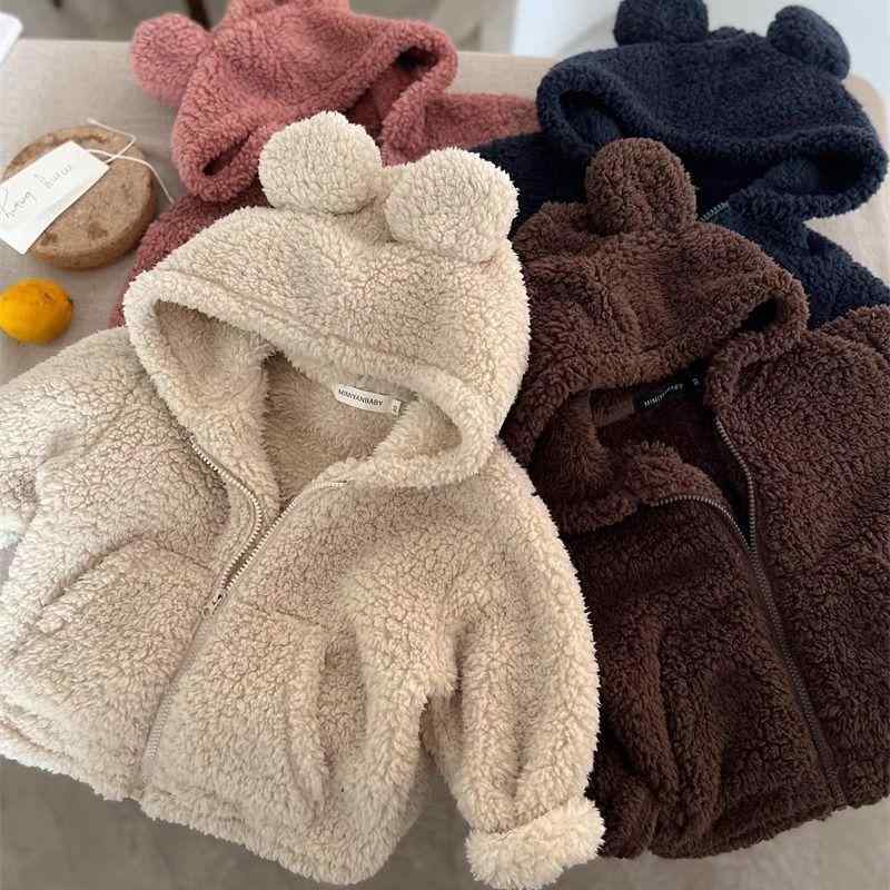 子供服 アウター キッズ 男女兼用 冬用 厚手 フリース スウェット パーカー ベビー 羊毛風 ジャケット コート 耳付き 無地 紺色 ピンク系 ベージュ