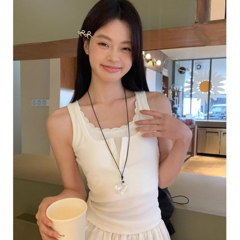 Tシャツ レディース レース 切り替え ボタン キャミソール 春 ショート丈 スリムフィット 雪ニール 灰色 白 Uネック 半袖